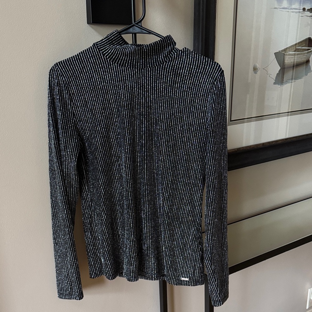 Tahari Black and Silver Striped Top Medium